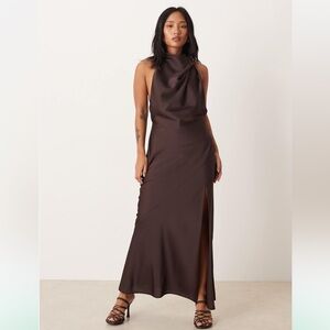 ASOS Petite satin halterneck maxi dress with cowl back detail in chocolate